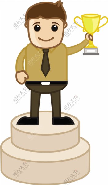 男人站在领奖台上拿着奖杯卡通办公矢量插画