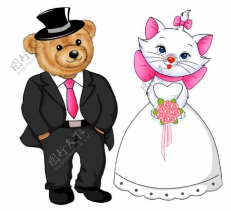西装婚纱卡通动物熊和猫浪漫婚礼迎宾漫画