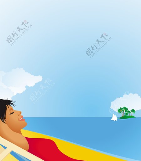 女人对一个热带海滩背景矢量放松