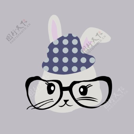 印花矢量图动物头兔子眼镜帽子免费素材