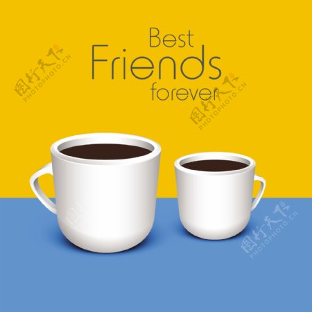 情人节快乐的概念与咖啡杯上黄色和蓝色的背景