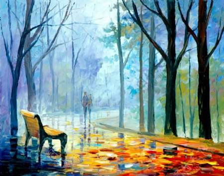 油画朦胧的秋雨图片