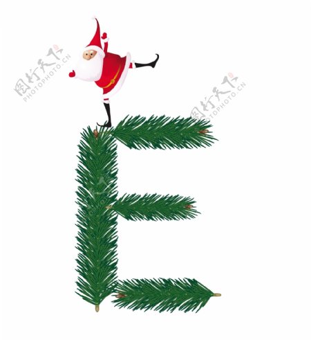 圣诞装饰杉树的ABC字母E矢量与有趣的圣诞老人