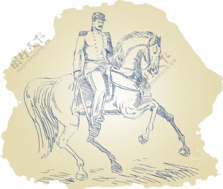 美国南北战争的军官在马背上
