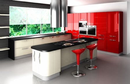 高清晰红色调子的时尚厨房