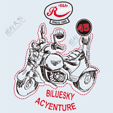 印花矢量图T恤图案交通工具摩托车色彩免费素材