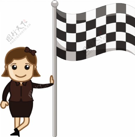 女孩站在赛车的旗帜