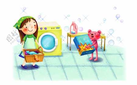 洗衣中的小熊和女孩