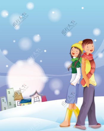 卡通情侣背靠背冬季移门图片
