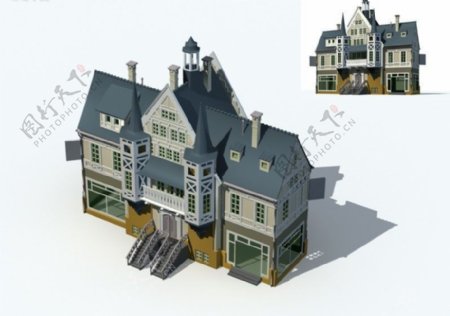 欧式古典尖顶别墅3D立体模型