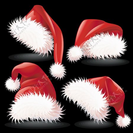 4个模糊的红色圣诞克劳斯帽子矢量图形