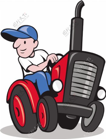 农民驾驶老式拖拉机卡通