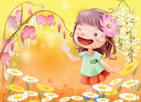 卡通女孩花卉插画图片