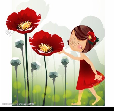 女孩红色花朵图片