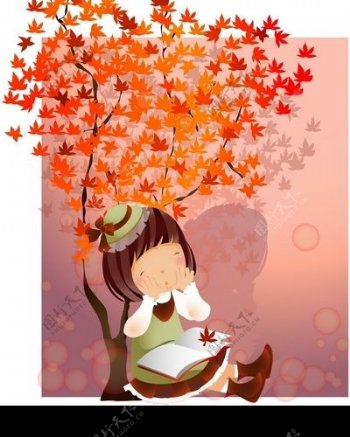 秋天树下的小女孩图片