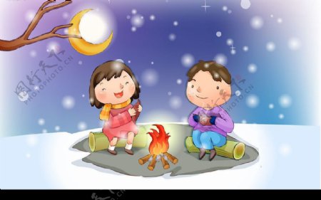 圣诞冬日童年插画图片