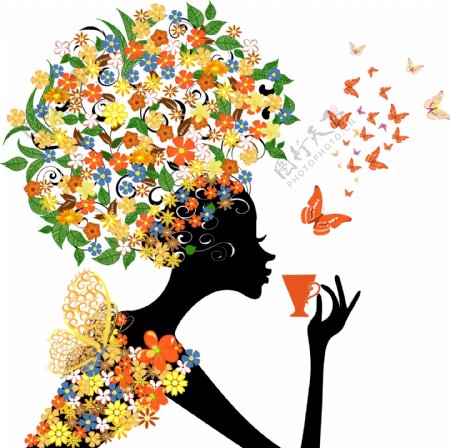 满身鲜花蝴蝶喝咖啡的女孩图片
