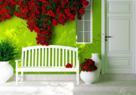 室内长椅墙壁鲜花布置图片