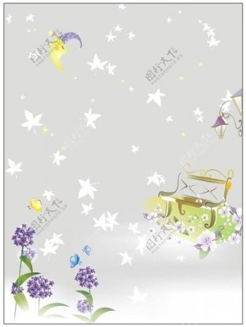 秘密花园月亮枫叶路灯椅子蝴蝶花紫色花卡通图片