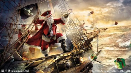 手绘海盗船海圣诞老人图片