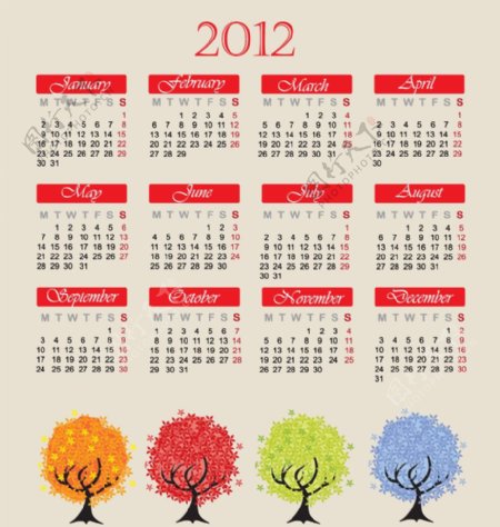 四季花纹树木2012日历图片