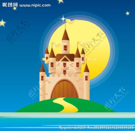 月光城堡帆船矢量图片