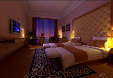 酒店双人标间3D效果图图片