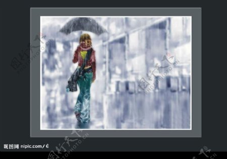 唯美女生雨中撑伞场景图片