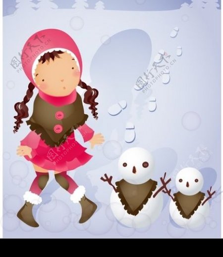 小女孩与雪人图片