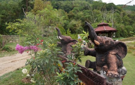 泰国园林中的大象木雕图片
