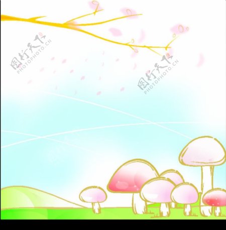 蘑菇草坪树枝花瓣天空背景图片