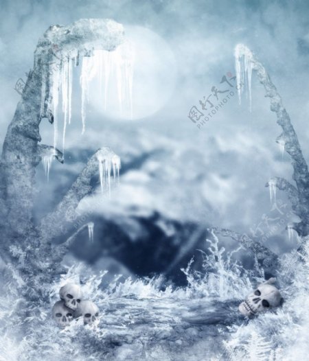 恐怖阴森朦胧背景骷髅怪石圆月图片