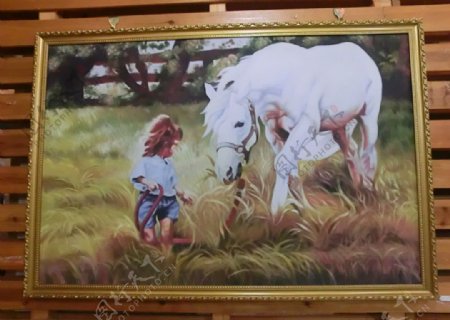 西风绘画马与儿童图片