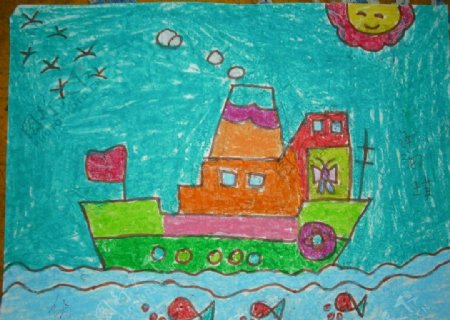 儿童蜡笔画轮船图片
