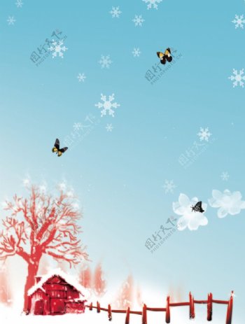 飘雪蝶舞蝴蝶雪下雪房屋屋子树木树图片