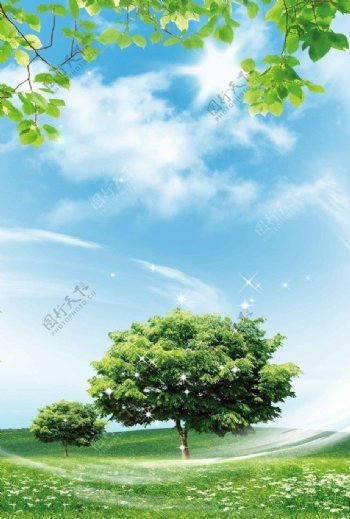 蓝天白云绿地风景图片