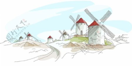 手绘节能低碳风车发电的村庄图片