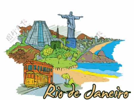 手绘巴西里约热内卢沿海城市建筑矢量图片