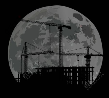 圆月下的城市建筑工地剪影图片