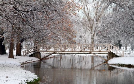 冬季木桥湖泊风景图片