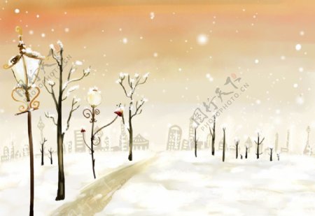 手绘梦幻城市郊外雪景风景插画图片