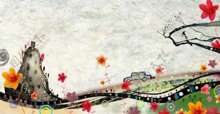 手绘卡通行驶中的小汽车风景插画图片