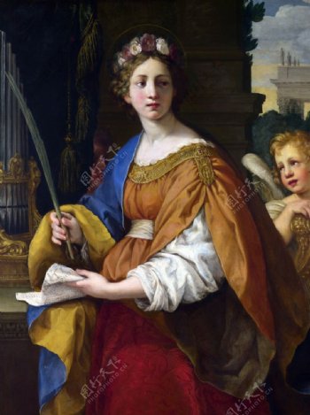 古典油画拿毛笔的宫廷妇人图片