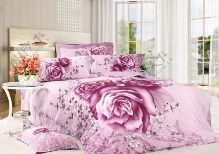 卧室装饰效果图玫瑰花纹被褥图图片