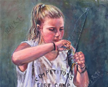 油画钓鱼的女人图片