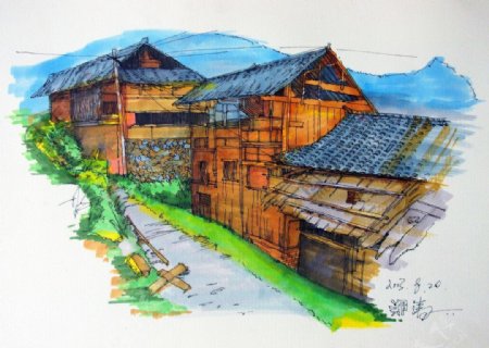 西江苗寨手绘图片