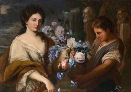 一位女士与一个手持花瓶的年轻人图片