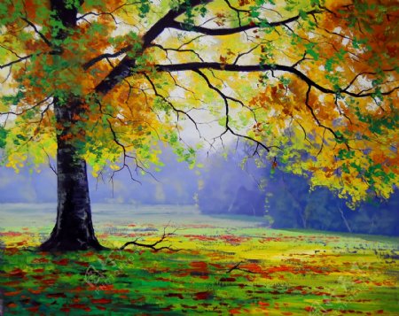 油画秋天的树图片