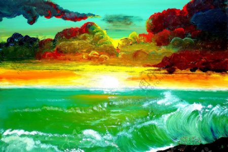 油画海洋落日图片