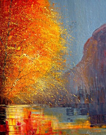 油画秋季树木图片